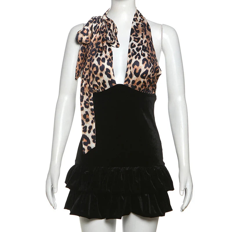 Leopard Print Tie Up Deep Neck Mini Dress