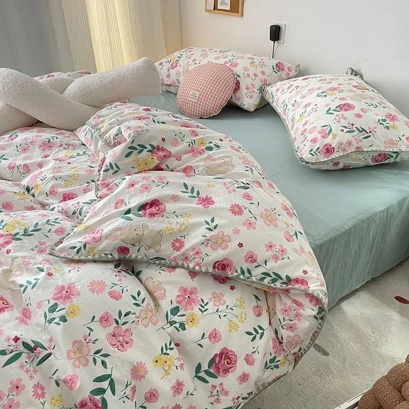 Bedding Set Girls Cherry Soft Washed Cotton Bed Sheet Queen King Size Duvet Set Comforter Set Pillowcase Bed Linens
