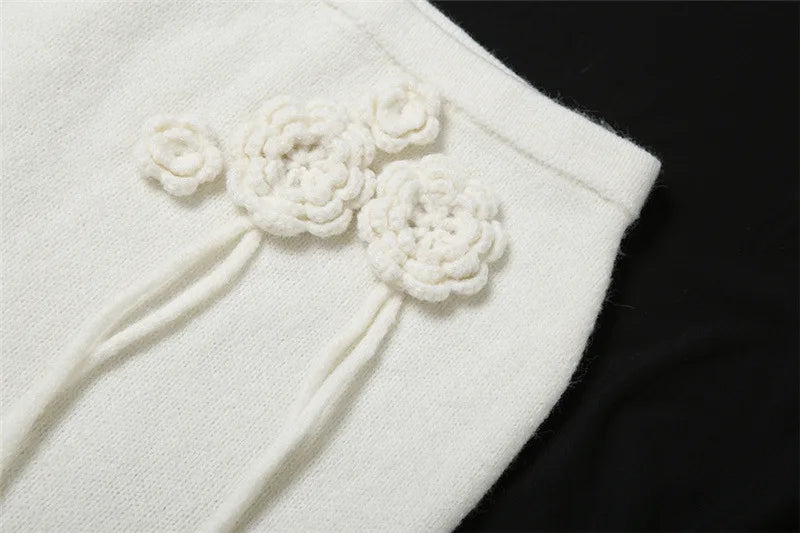 Flower White Knitted Bikini Top Low Waisted Wrap Long Skirt Set