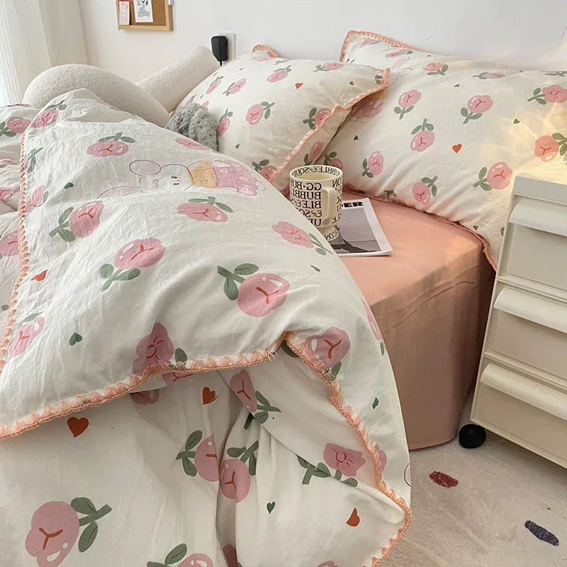 Bedding Set Girls Cherry Soft Washed Cotton Bed Sheet Queen King Size Duvet Set Comforter Set Pillowcase Bed Linens