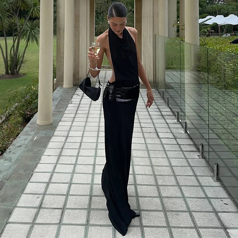 Black Halter Backless Sequin Patchwork Maxi Dress