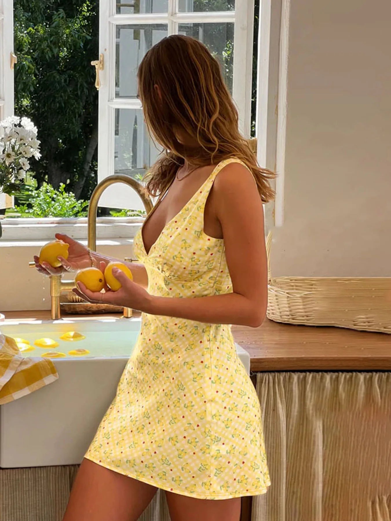 Yellow Fruit Print V-Neck Mini Dress
