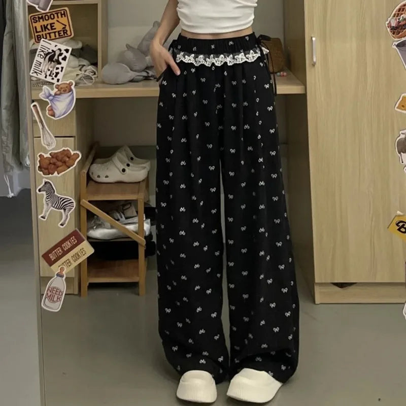 Bow Printed Wide Leg Pants