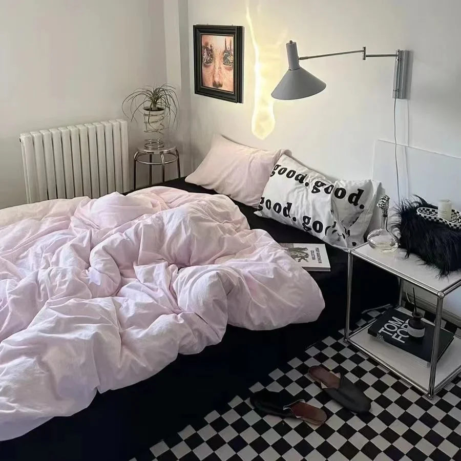 INS Pink Solid Color Bedding Set Girls Boys Single Double Size Flat Sheet Duvet Cover Pillowcase Bed Linens Home Textile