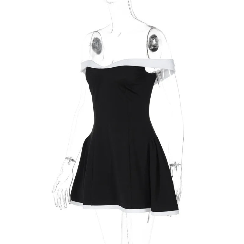 Black Flare White Off-shoulder Mini Dress