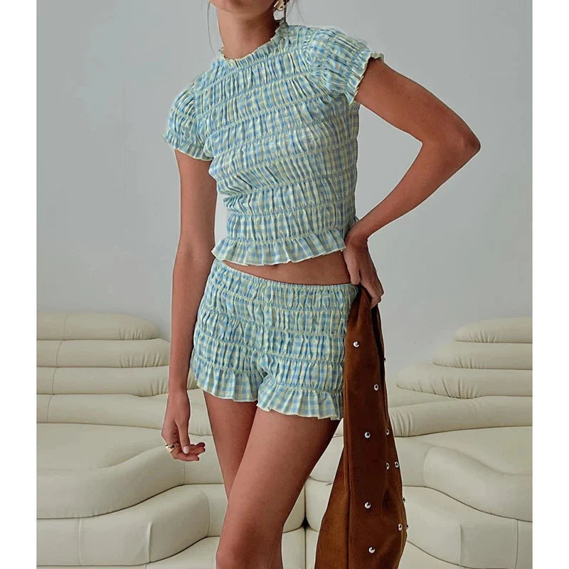 Plaid Print Smocked Crew Neck Top And High Waist Shorts Set