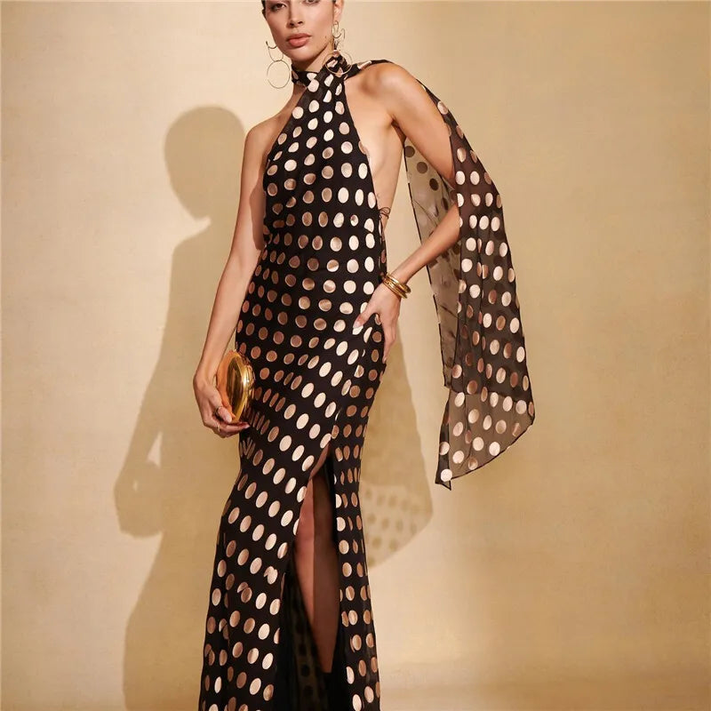 Black Polka Dot Halter Drape Midi Dress