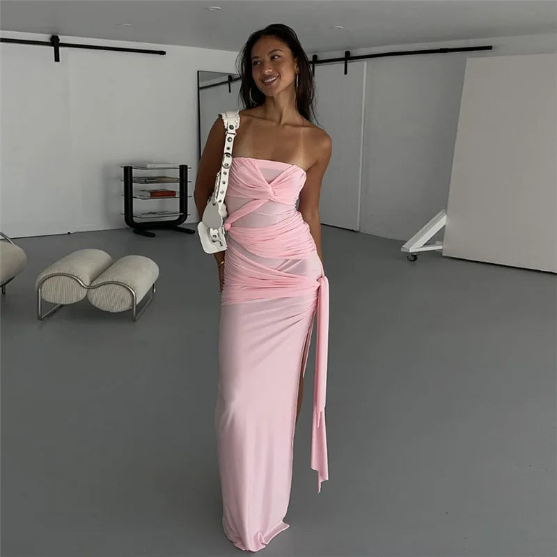 Strapless Pink Tie Up Mesh Midi Dress