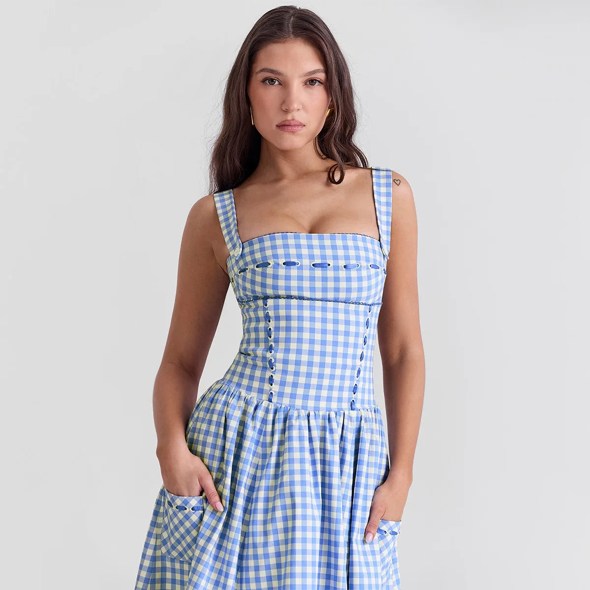 Blue Gingham Strap Midi Dress