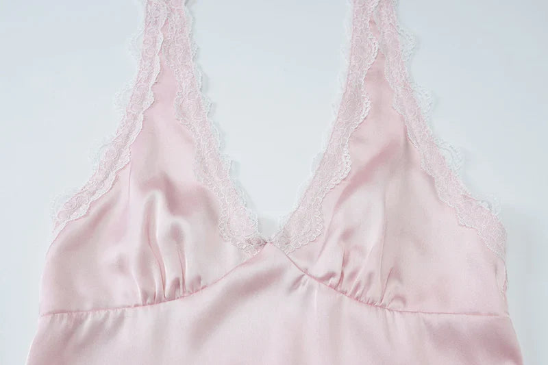 Halter Trim V-Neck Mini Satin Dress