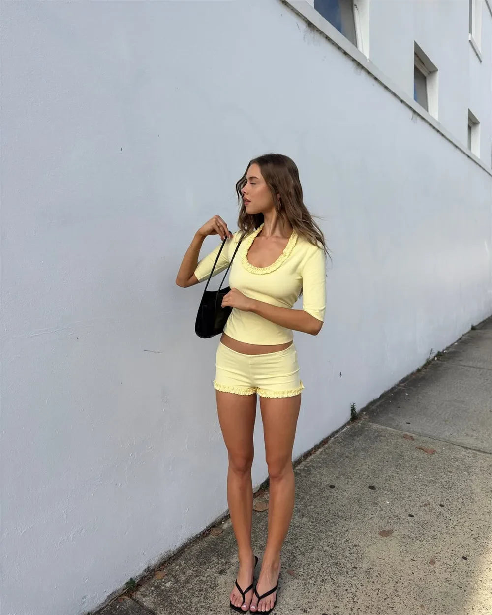 Yellow Ruffled Trim Top And Shorts Set