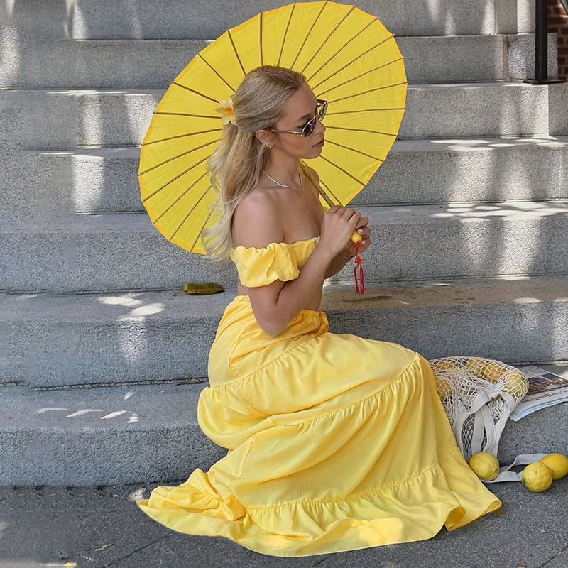 Flower Puff Sleeve Ruffles Crop Top And Maxi Skirt Set