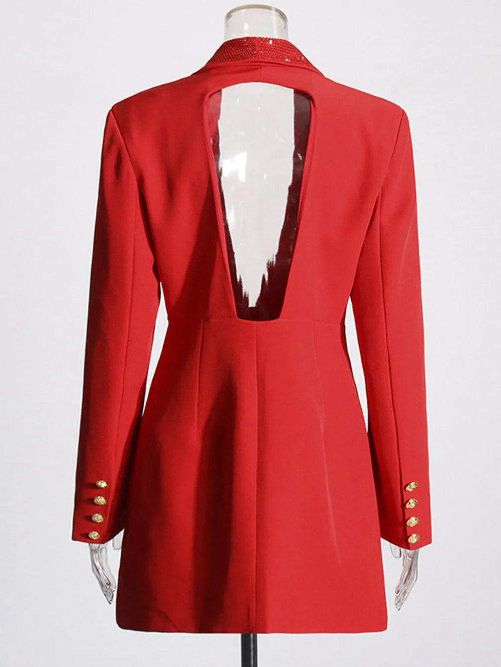 Red Sequin Collar Open Back Blazer Dress