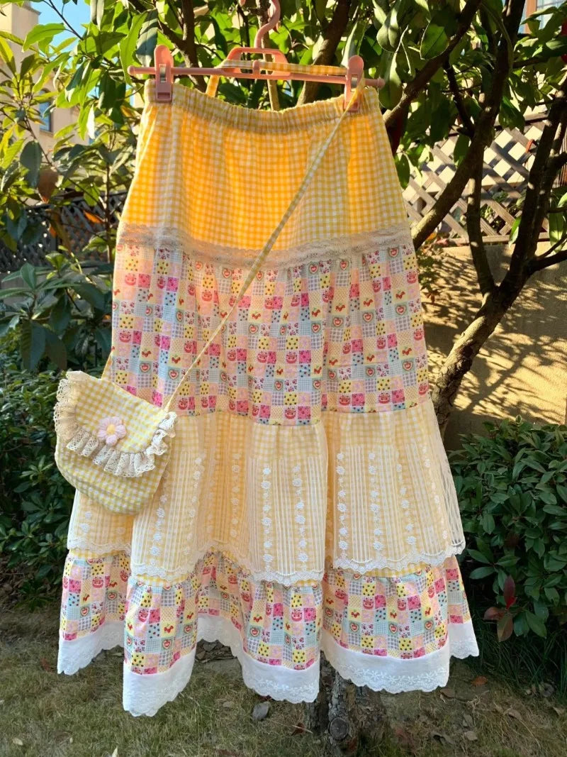 Yellow Floral Print Patchwork Lace Maxi Skirt - Sweet A-Line