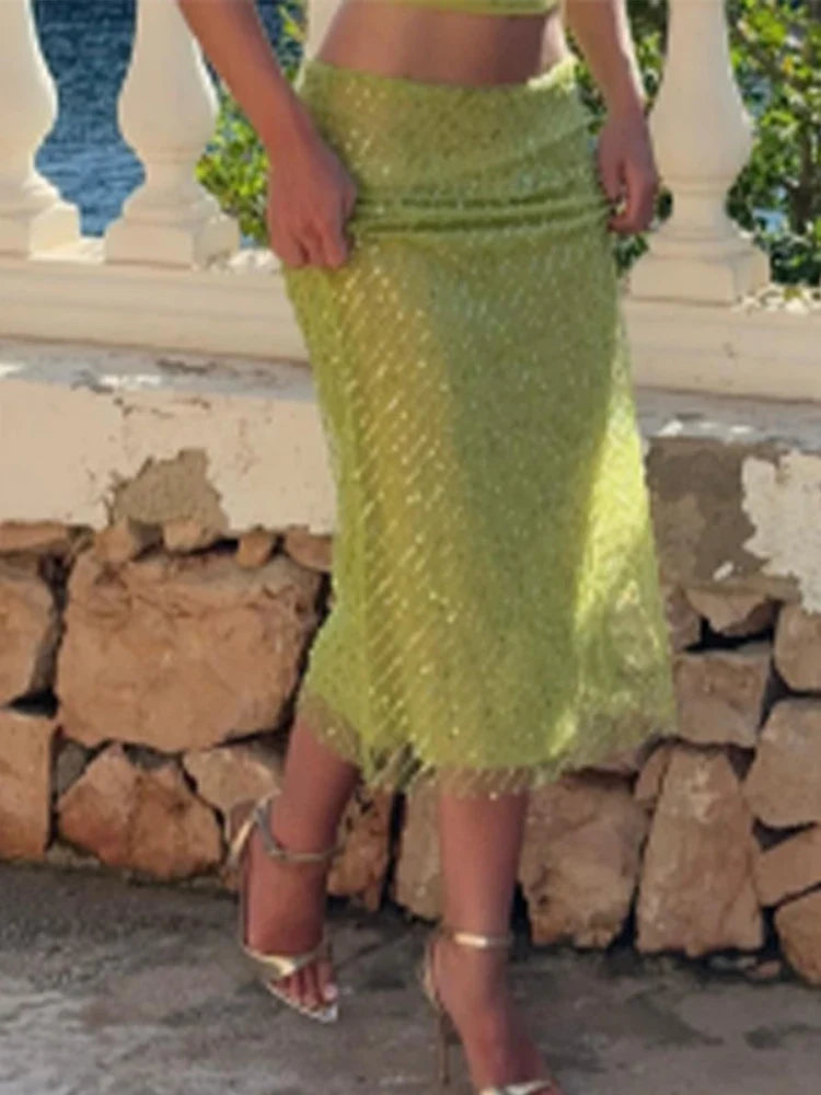 Green Sequin V-neck Halter Tie And Midi Skirt Set