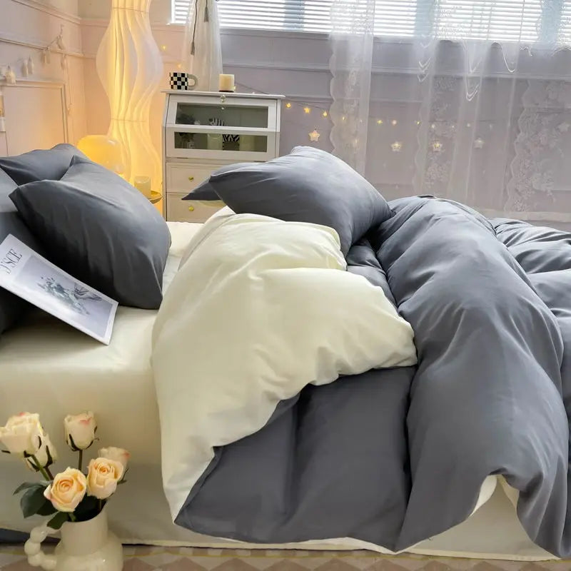 Korean Solid Purple Bedding Set Soft Flat Sheet Duvet Cover Pillowcase Polyester Bed Linen Twin Queen Full Size Quilt Cover Set