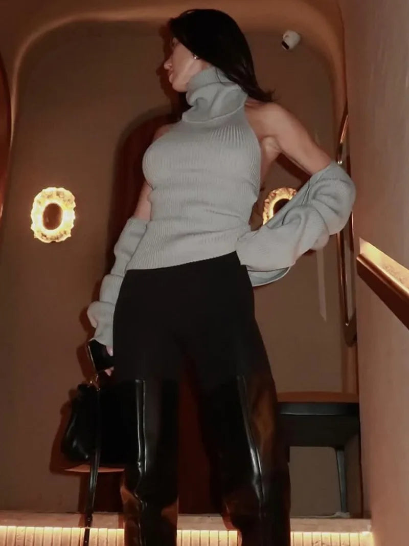 Grey Knit Turtle Neck Removable Sleeve Tank Top