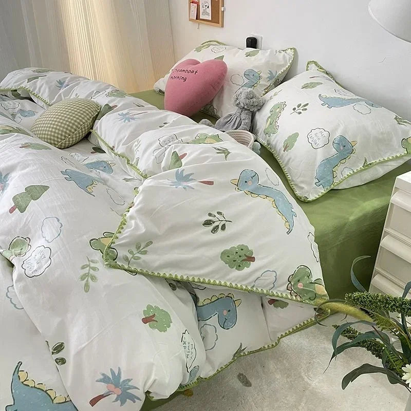 Bedding Set Girls Cherry Soft Washed Cotton Bed Sheet Queen King Size Duvet Set Comforter Set Pillowcase Bed Linens