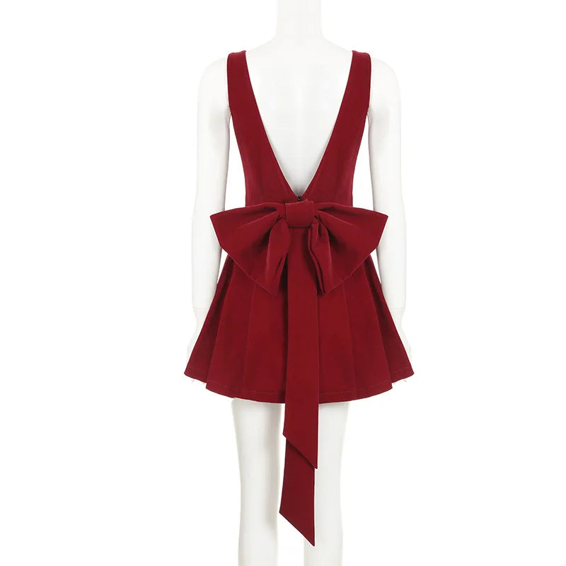 Red Backless V Cut Bow Mink Dress