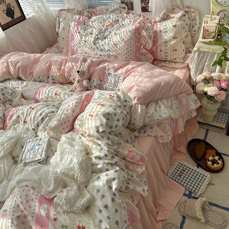 3/4Pcs Korean Princess Style Floral Ruffles Bedding Set Skin-friendly Soft Duvet Cover Set Bed Sheet Or Bed Skirt Pillowcases