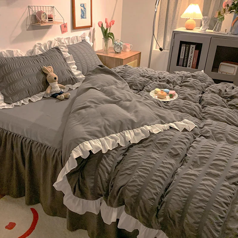 Pink Ruffled Seersucker Duvet Cover Set 3/4pcs Soft Lightweight Down Alternative Grey Bedding with Bed Skirt and Pillowcases