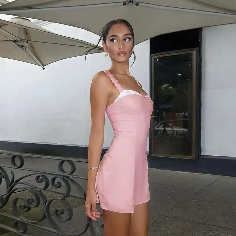 Pink Satin Strap Mini Dress