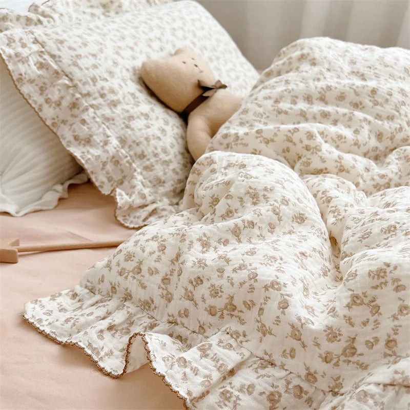 Korean Baby Girl Crib Bedding Set Bunny Rose Cherry Floral Cotton Muslin Cot Bedding Kit Duvet Cover Pillowcase No Filler