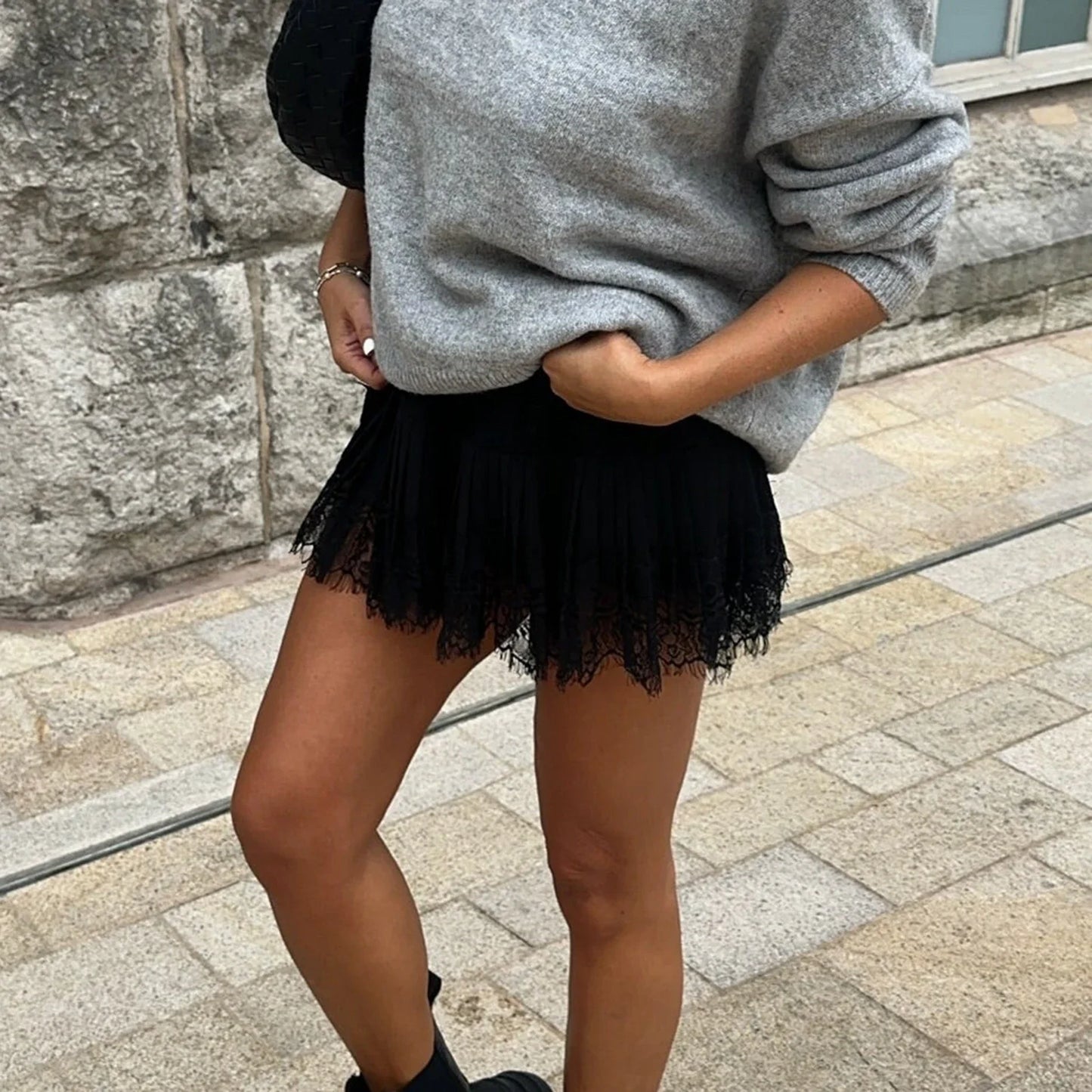 High Waist Lace Pleated Mini Skirt - Y2K A-Line