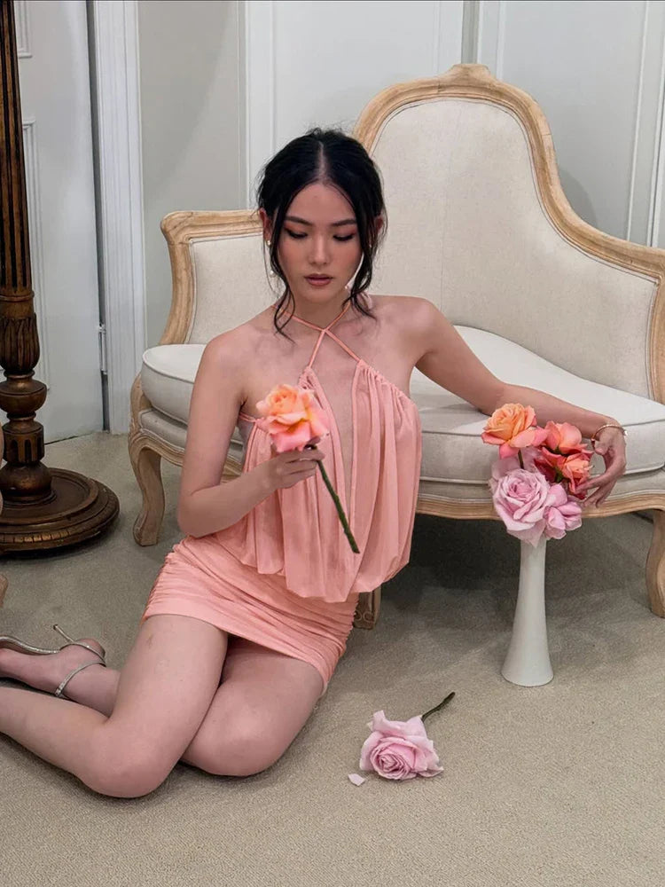 Pink Mesh Puff Mini Dress