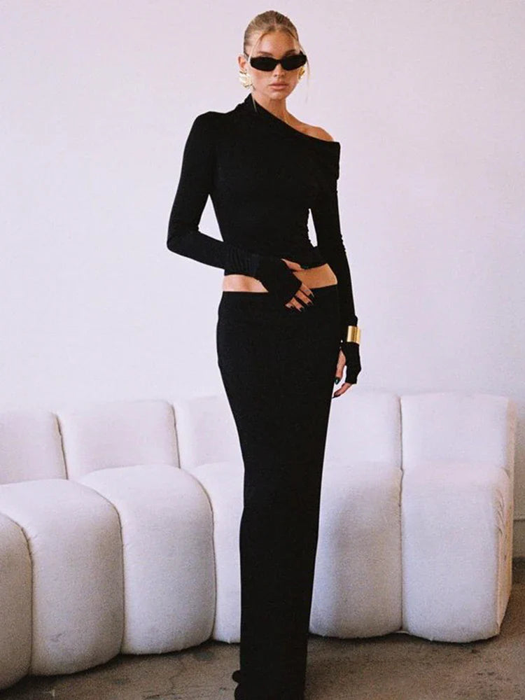 Black Off-shoulder Long Sleeve Top And Maxi Skirt Set
