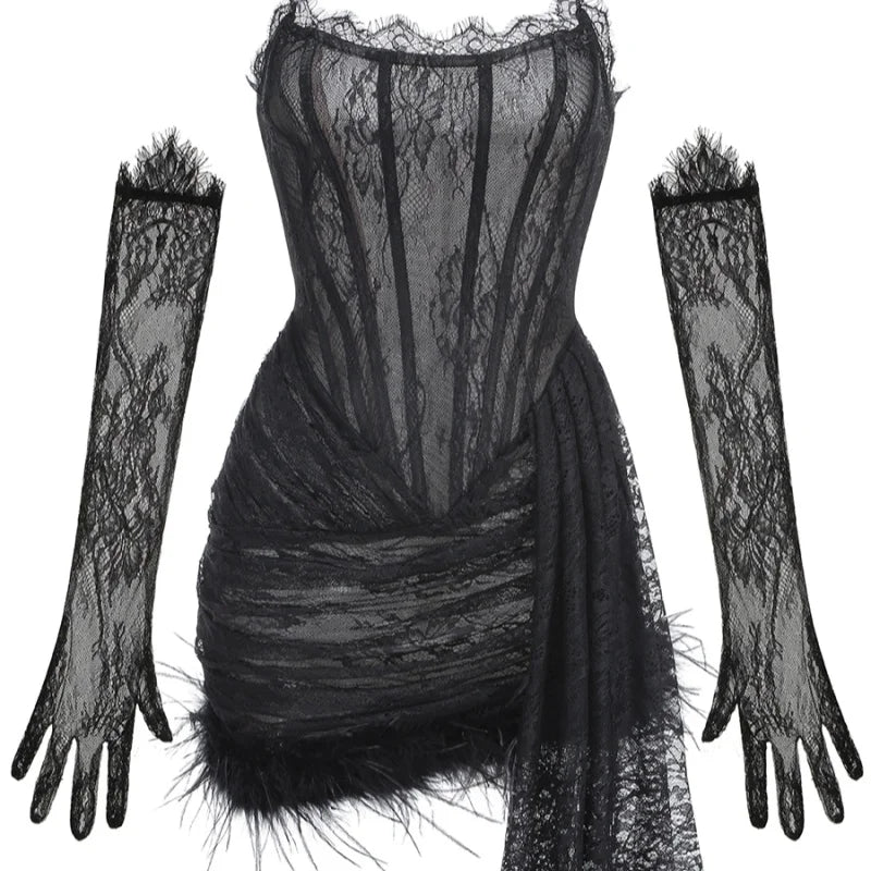 Lace Strapless Corset Gloves Mini Dress