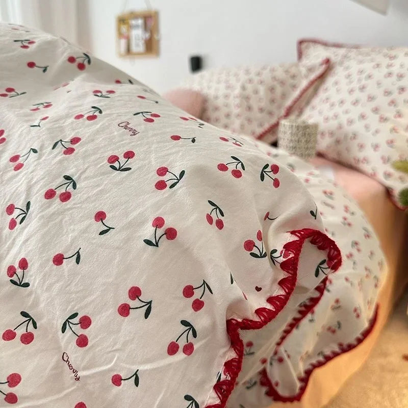 Bedding Set Girls Cherry Soft Washed Cotton Bed Sheet Queen King Size Duvet Set Comforter Set Pillowcase Bed Linens