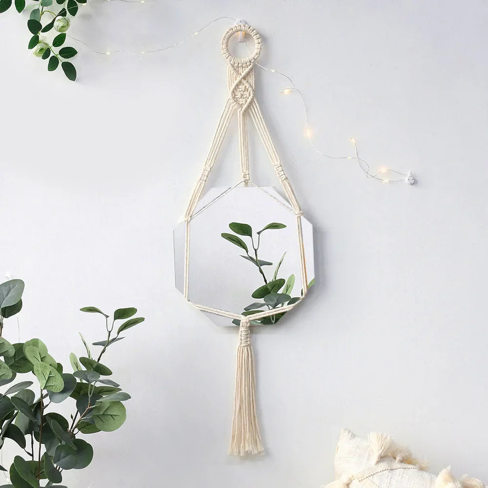Macrame Decorative Wall Mirror Boho Home Decor Makeup Aesthetic Mirrors Living Room Bedroom Christmas Wedding Decoration Gift