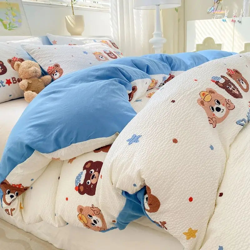 Romantic Floral Duvet Cover Set No Filler Soft Seersucker King Single Szie Pillowcases Flat Sheet Home Decoration Bed Linens