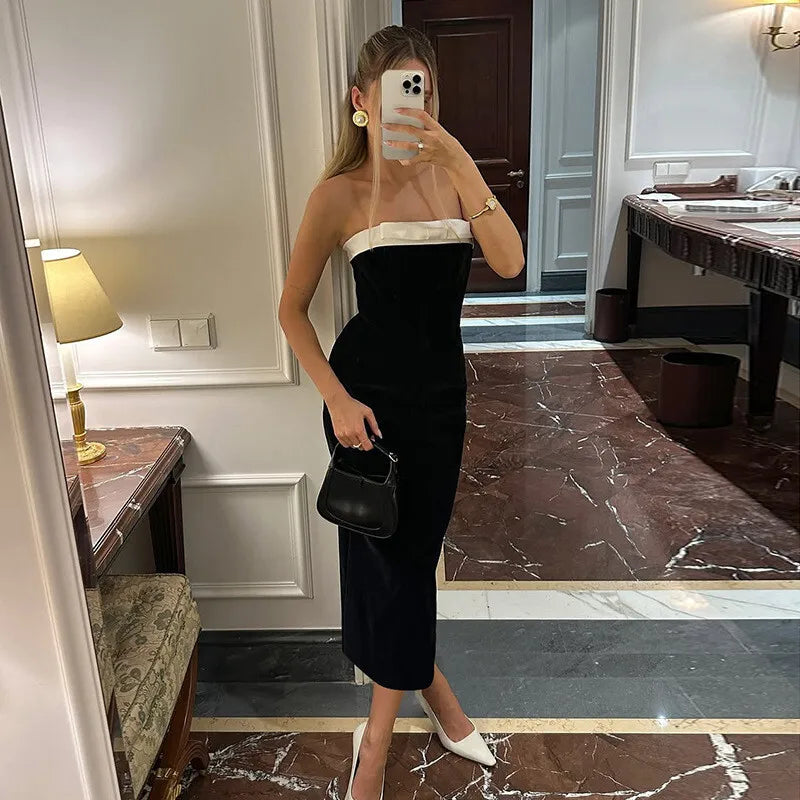 Black Strapless White Satin Bow Midi Dress