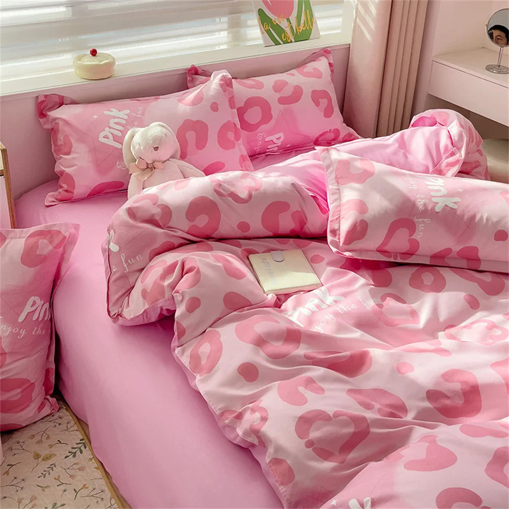 Girls Duvet Cover Pink Bow Kawaii Bedding Set Polyester Bedclothes Sheet Pillowcase Twin Full Queen Size Ins Floral Bedspread
