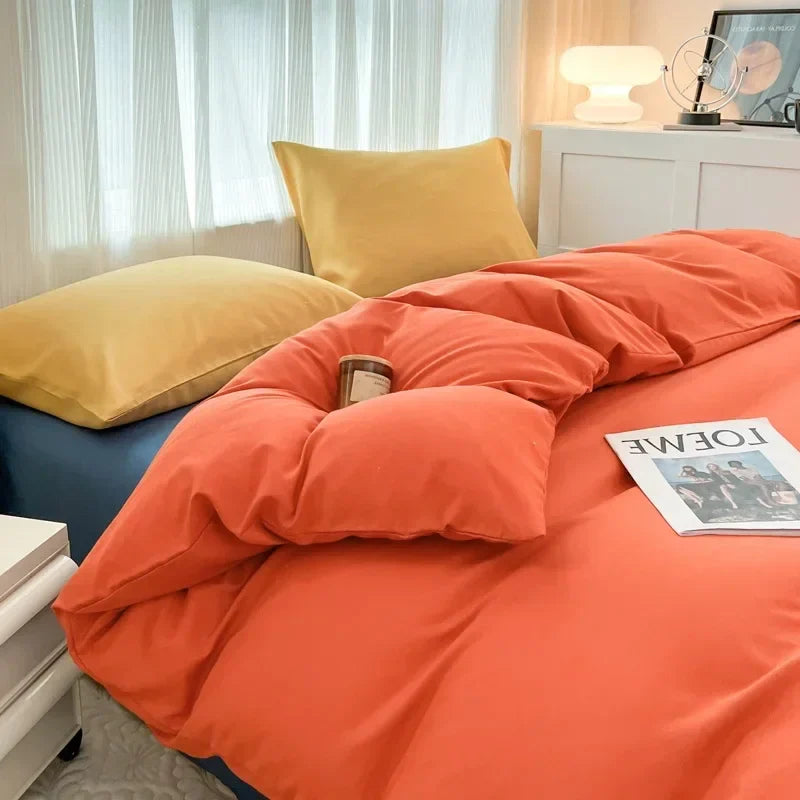 Solid Color Brushed Fabric Bed Set Duvet Cover Pillowcase Bedding Set Bed Sheet Quilt Cover Single Queen King Size 4 Pieces Sets