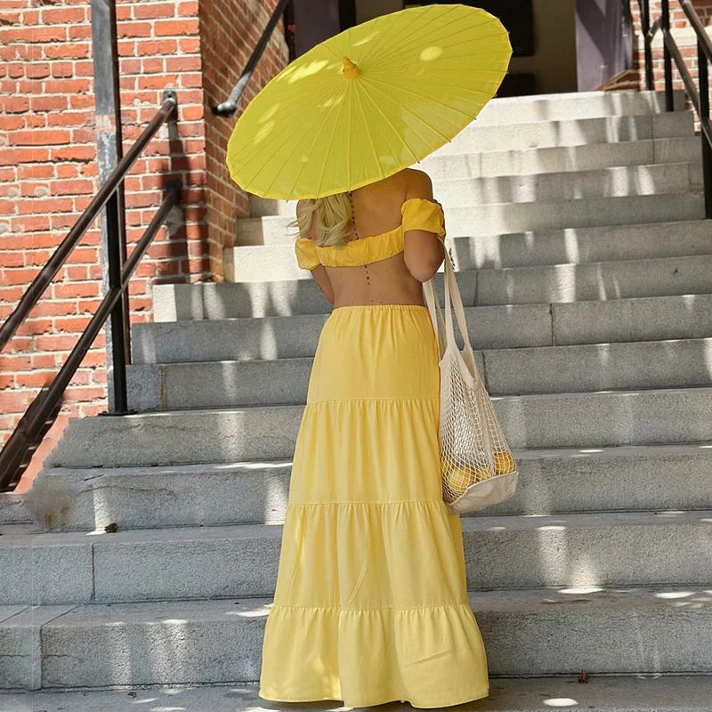 Flower Puff Sleeve Ruffles Crop Top And Maxi Skirt Set