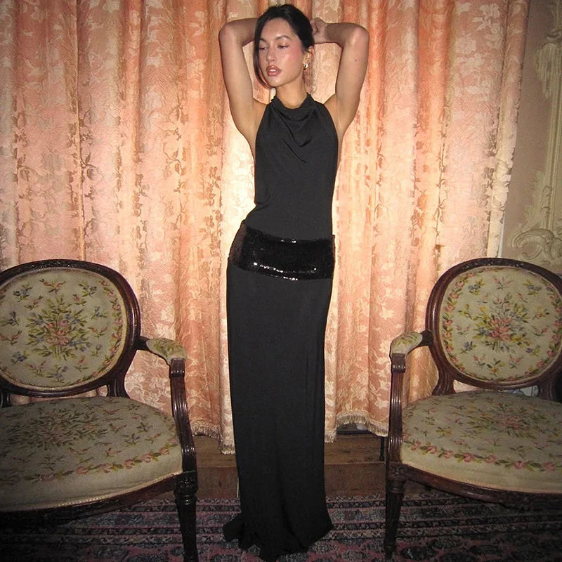 Black Halter Backless Sequin Patchwork Maxi Dress