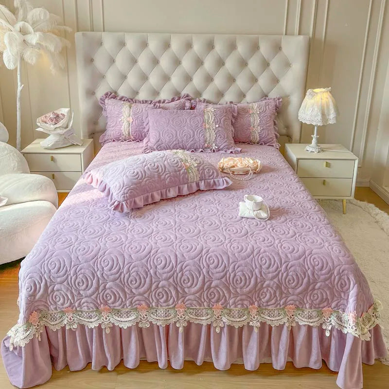 Luxury Velvet Fleece Flowers Lace Ruffles Quilted Bedspread, Mattress Cover, Bed Skirt, Bed Sheet Set, With Pillowcases, 3Pcs