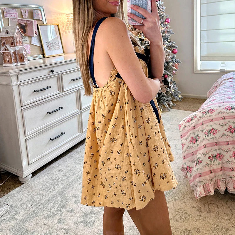 Tie-Up Ruffle Print Babydoll Mini Dress - Casual A-Line