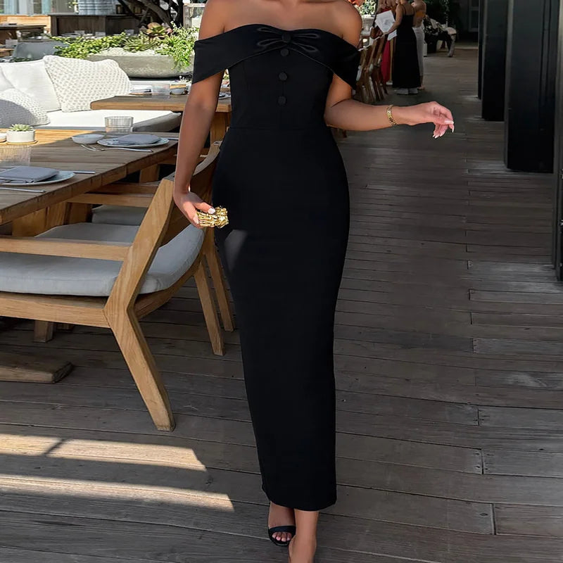 Black Off-shoulder Satin Buttoned Maxi Dress