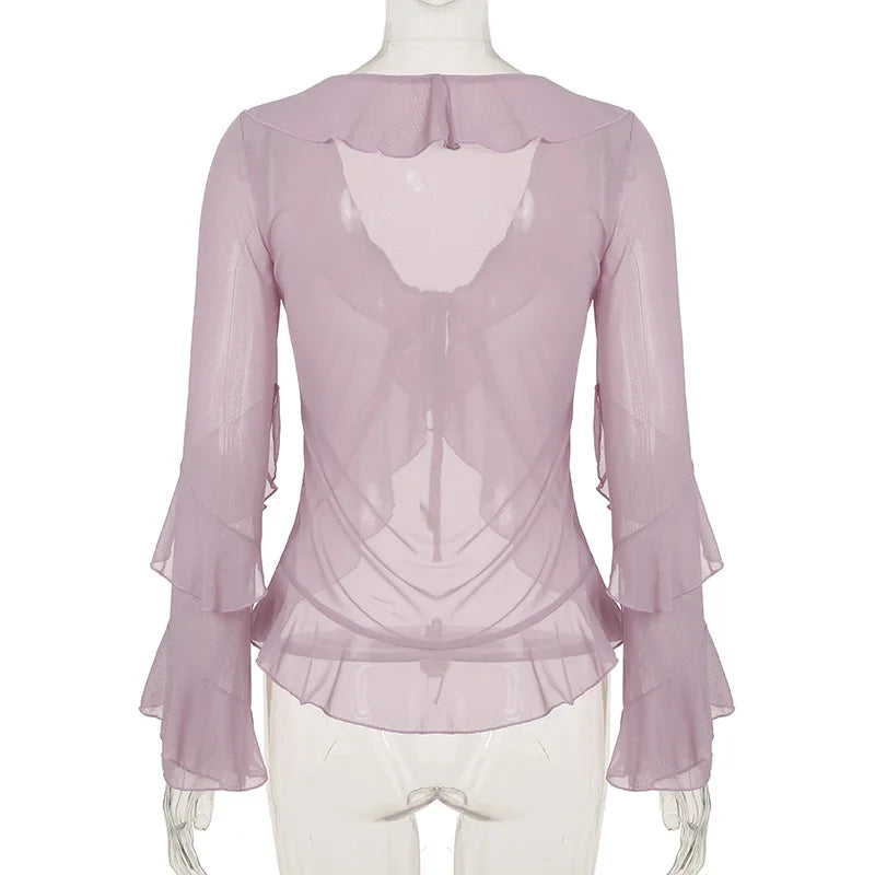 Purple Mesh Ruffled Cardigan Top