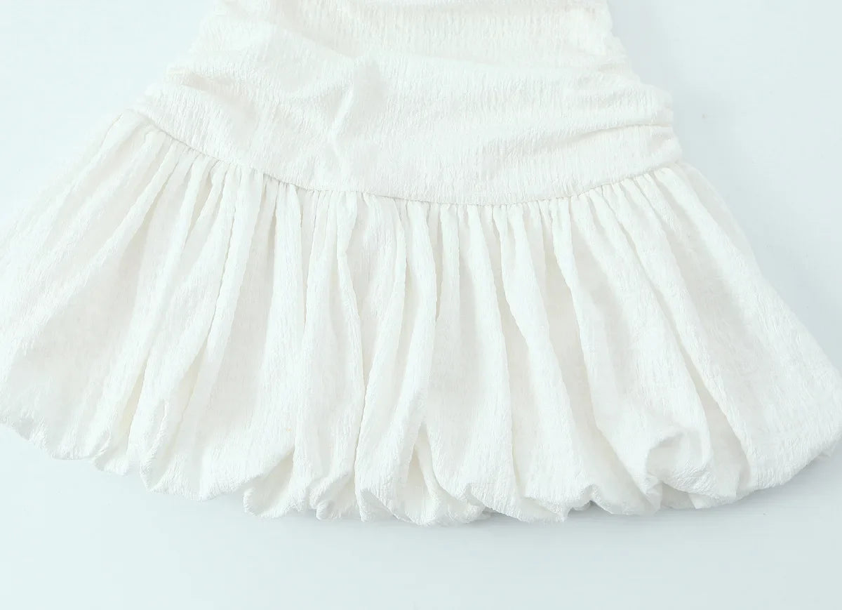 Ruched Puff White Textured Mini Dress