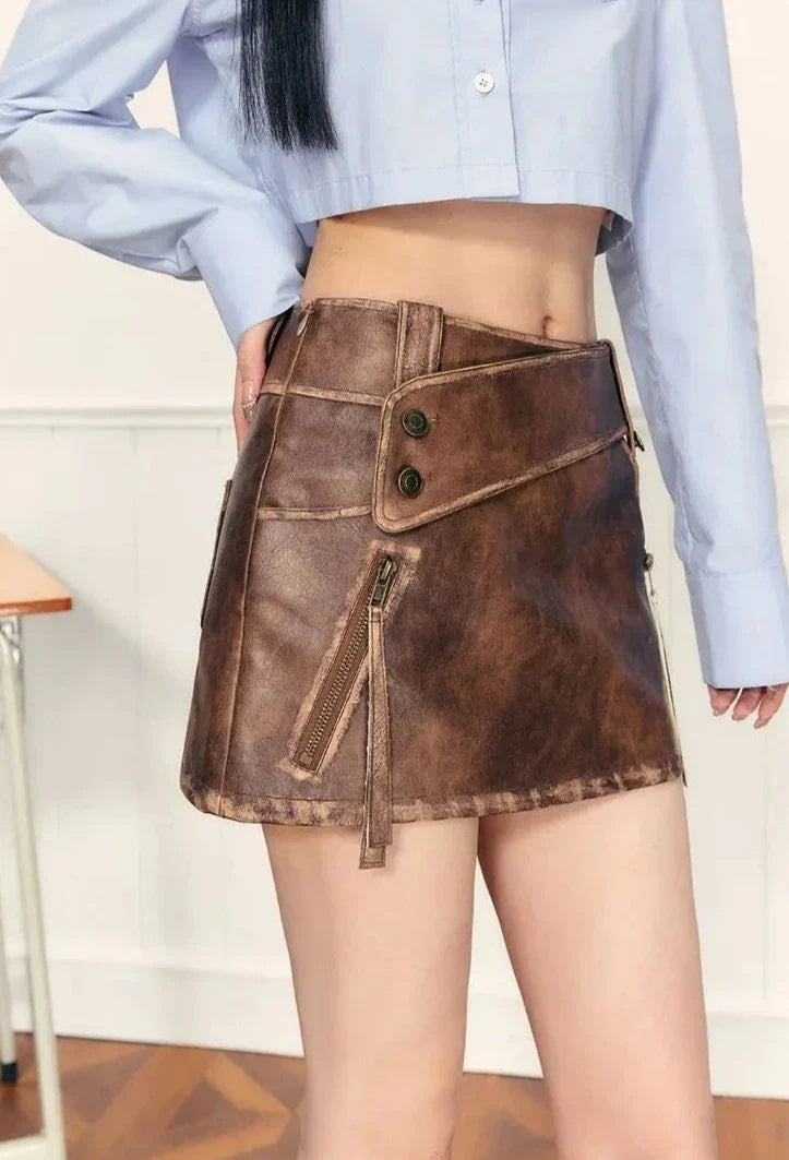 PU Leather High Waist A-Line Zipper Design Belted Mini Skirt