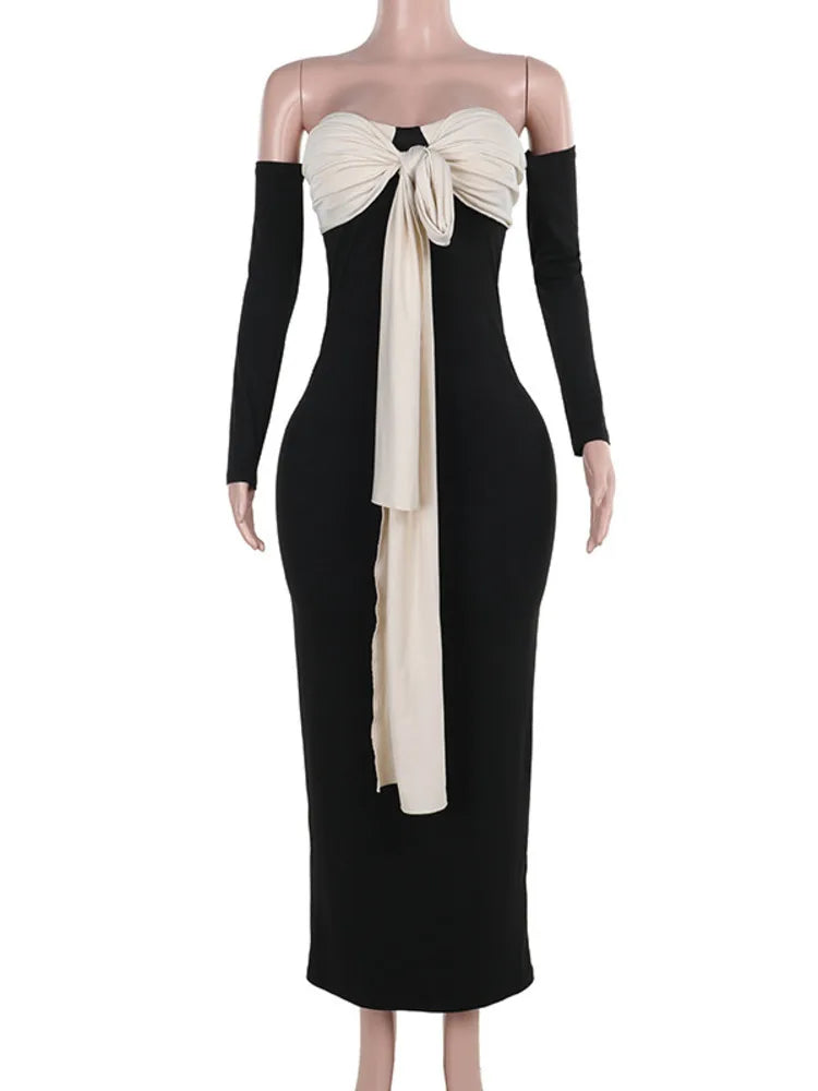 Black Patchwork Tie Up Off-shoulder Maxi Dress