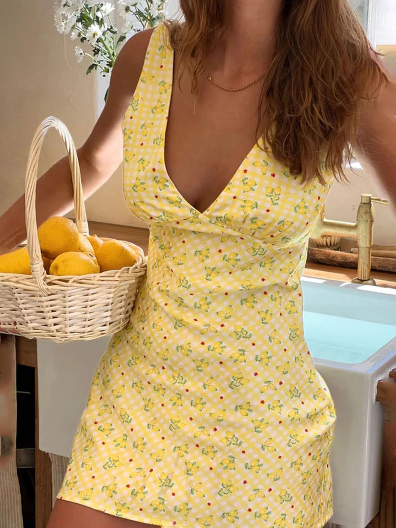 Yellow Fruit Print V-Neck Mini Dress