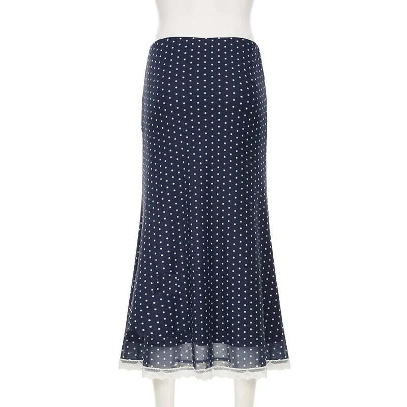 Blue Polka Dot Lace Trim Midi Skirt