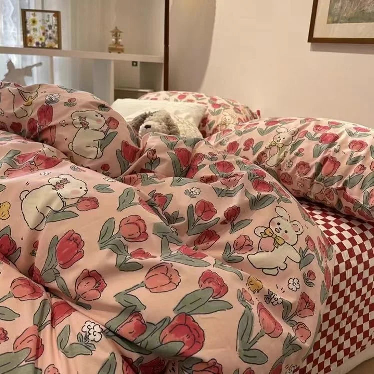 INS Pink Solid Color Bedding Set Girls Boys Single Double Size Flat Sheet Duvet Cover Pillowcase Bed Linens Home Textile