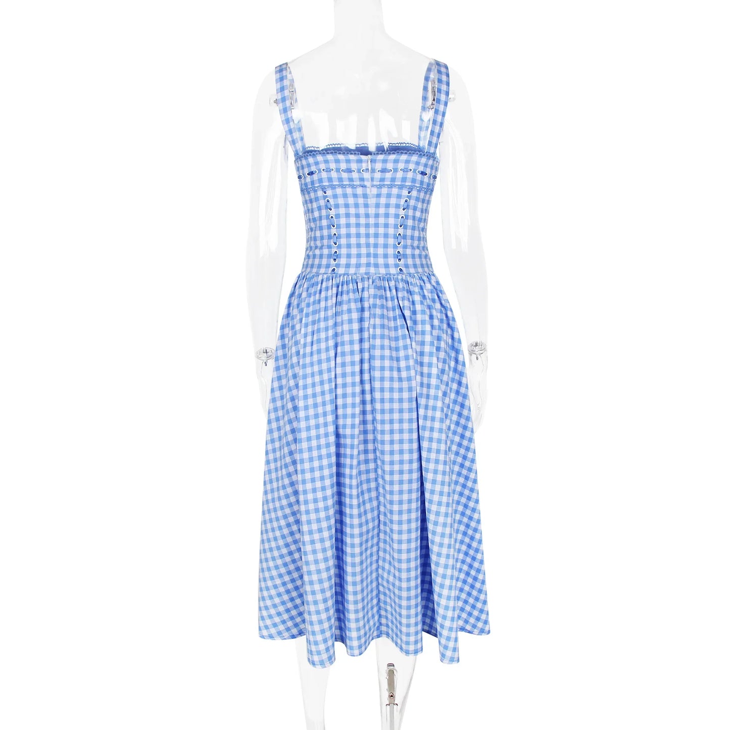 Blue Gingham Strap Midi Dress